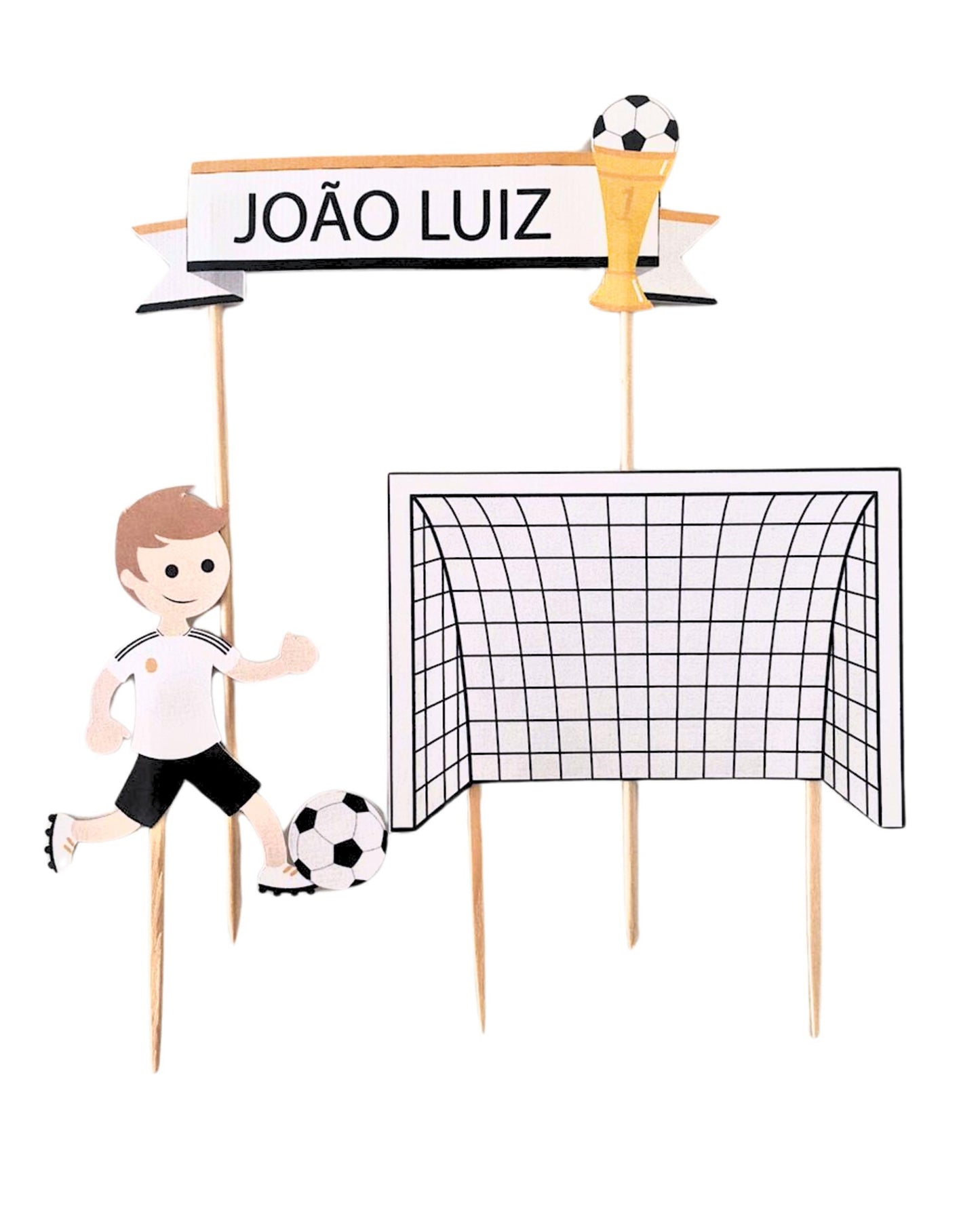 Topo de bolo futebol branco e dourado