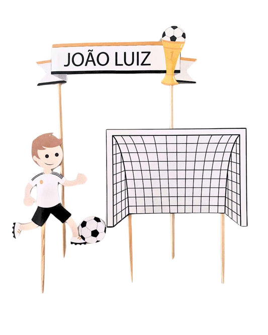 Topo de bolo futebol branco e dourado